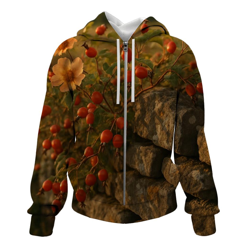 Old Stone Wall And Wild Rose Hips heavyweight hoodies