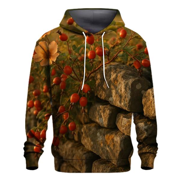 Old Stone Wall And Wild Rose Hips pullover hoodies