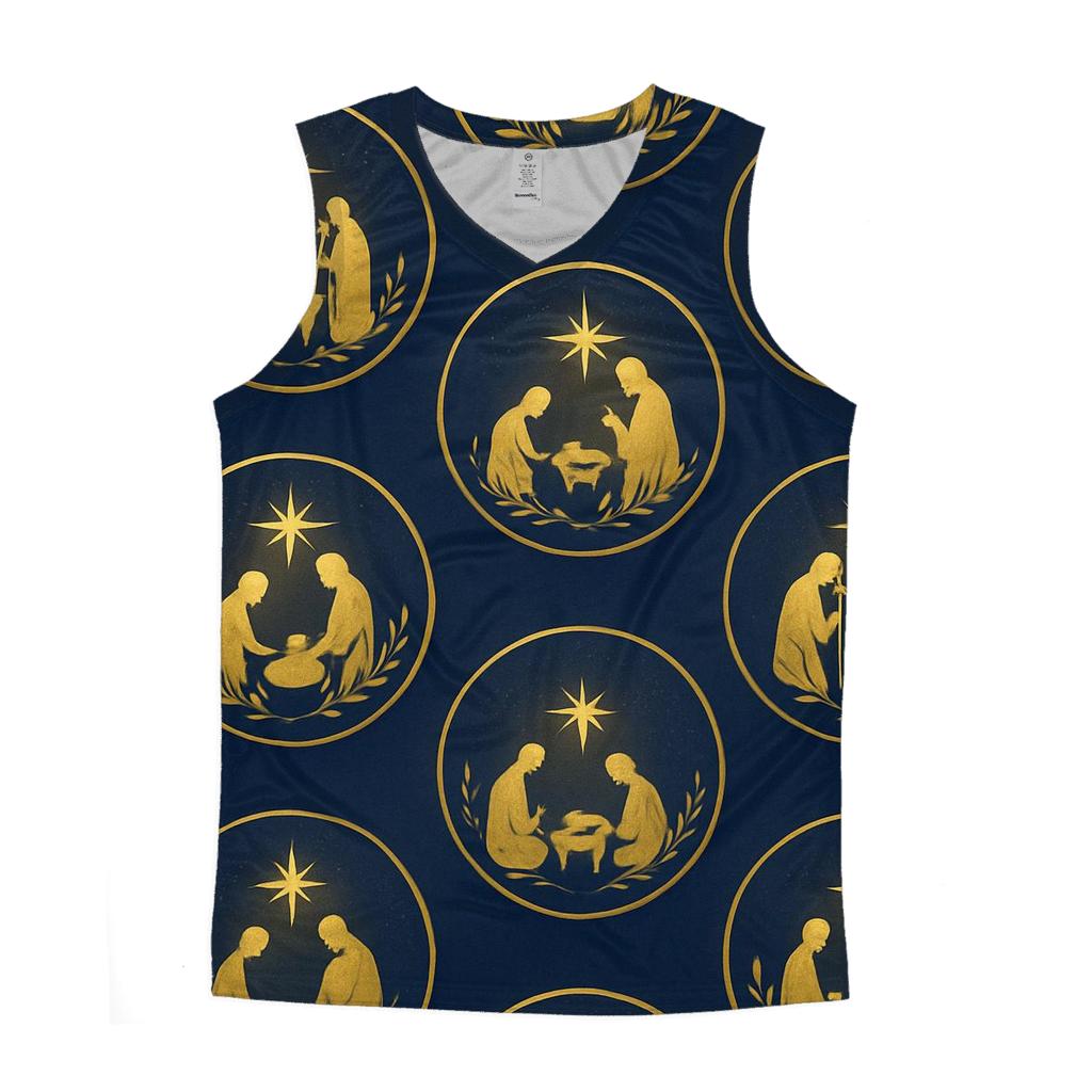 Golden Nativity Silhouette Halo Pattern graphic print tank tops