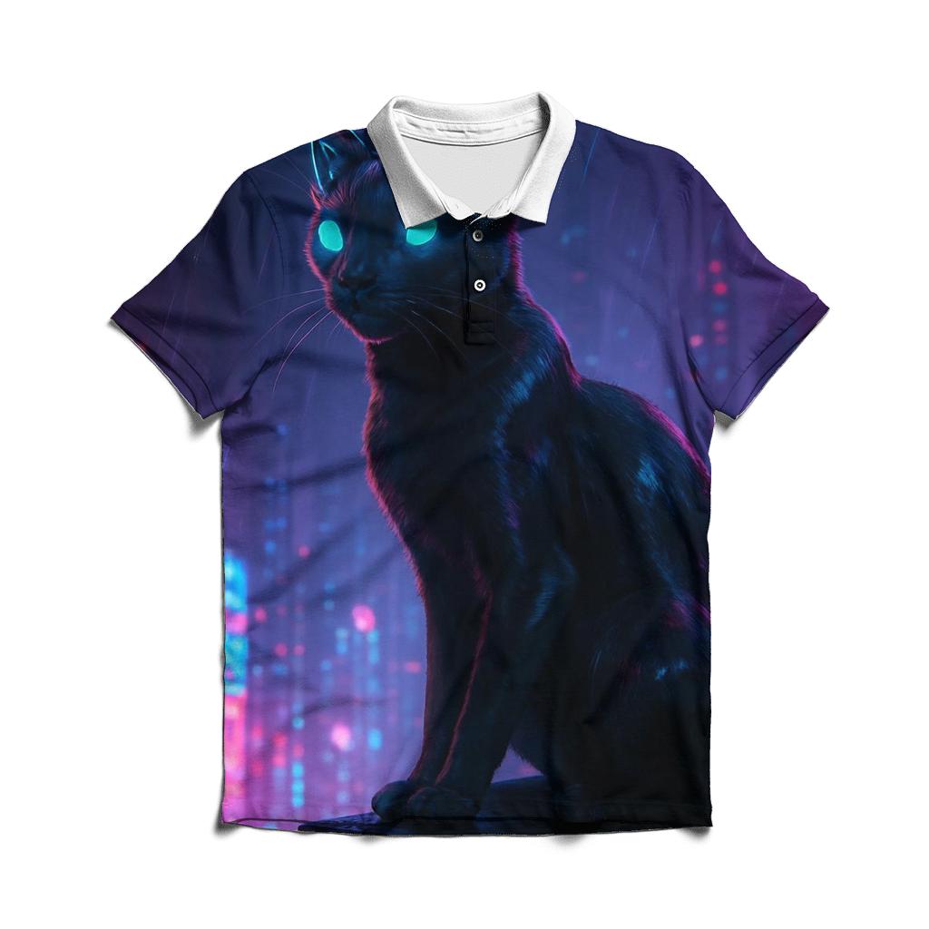 Cyberpunk Rooftop Watcher Cat embroidered polo tops