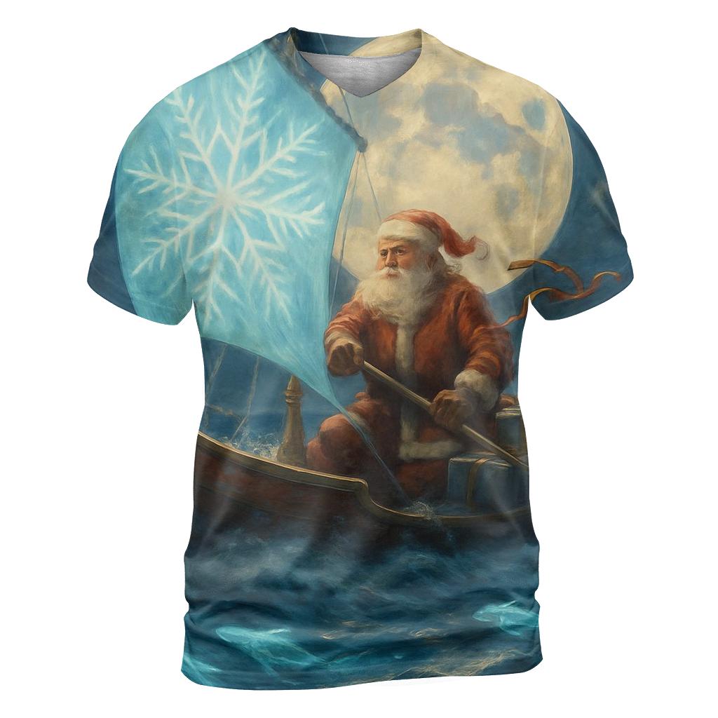 Ocean Voyage Santa Sleighboat vibrant all-over design tees