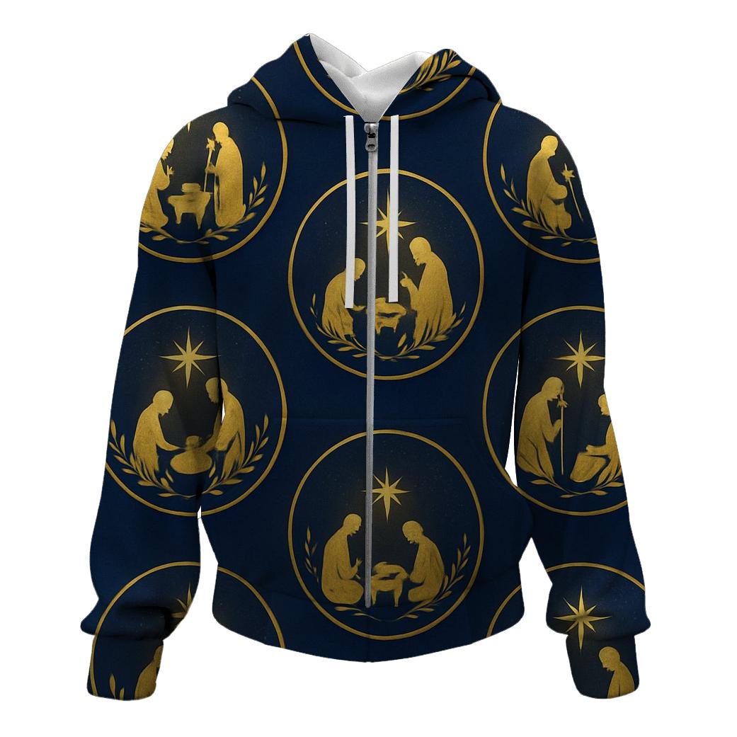 Golden Nativity Silhouette Halo Pattern embroidered hoodies