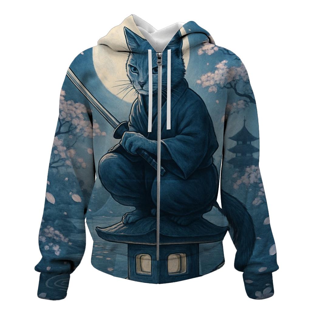 Samurai Moon Garden Cat embroidered hoodies