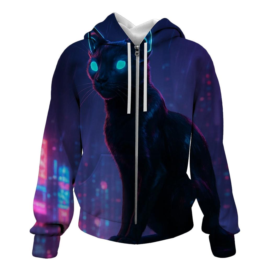Cyberpunk Rooftop Watcher Cat embroidered hoodies
