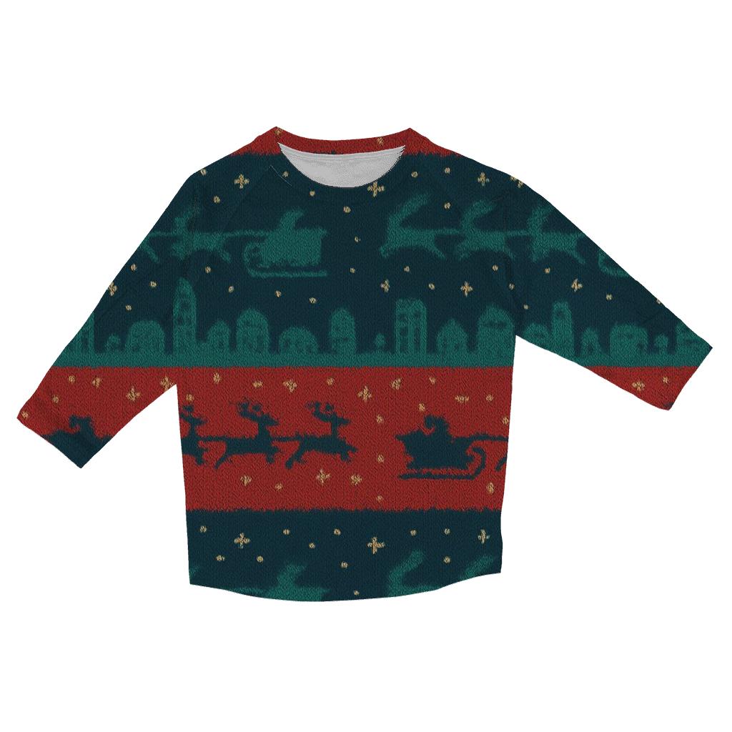 Santa Sleigh Skyline Stripes Design personalized 3/4 sleeve tees