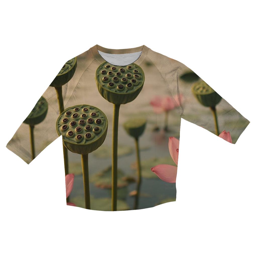 Lotus Seed Harvest On A Calm Lake printed three quarter sleeve shirts