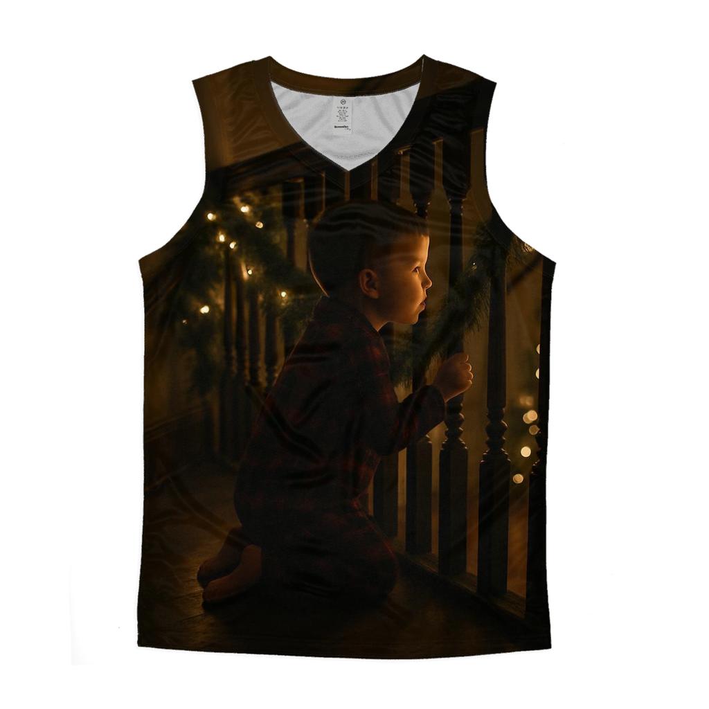 Child Waiting For Santa Upstairs Landing sports performance tank tops