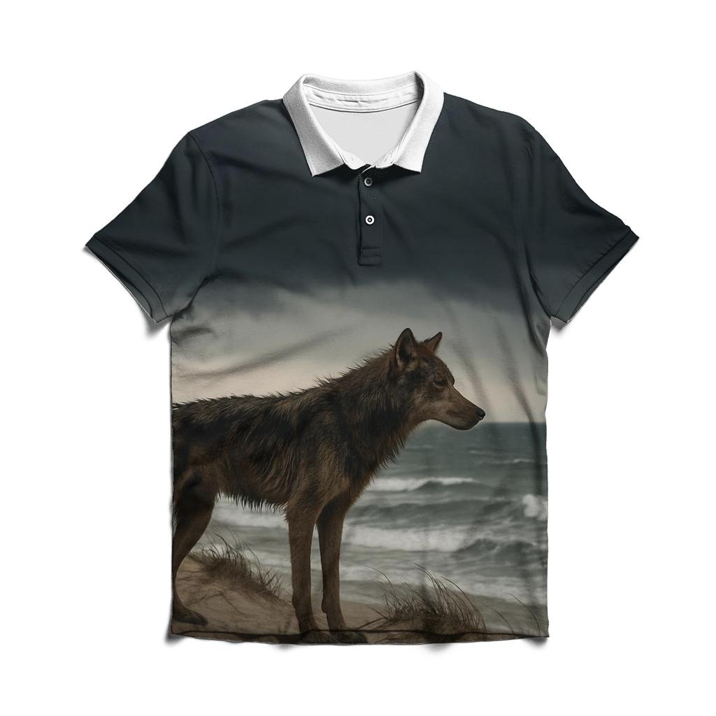 Coastal Dune Wolf Against Storm Front premium cotton polo shirts