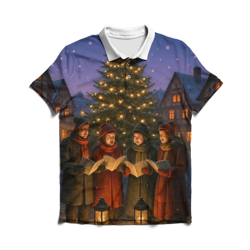 Snowy Village Carolers At Dusk designer slim fit polos