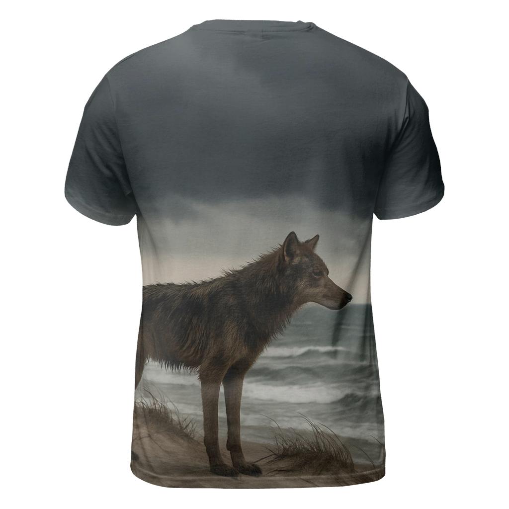 Coastal Dune Wolf Against Storm Front statement graphic shirts