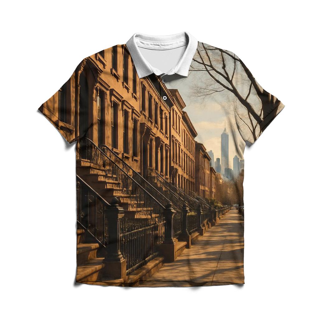Brooklyn Brownstone Block With Distant Skyline embroidered polo tops