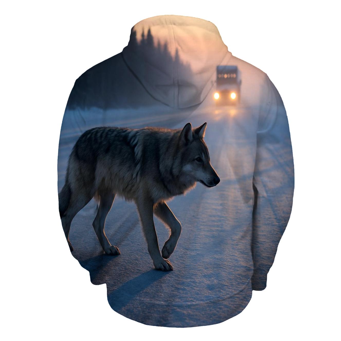 Wolf Crossing Frozen Highway lightweight hoodies