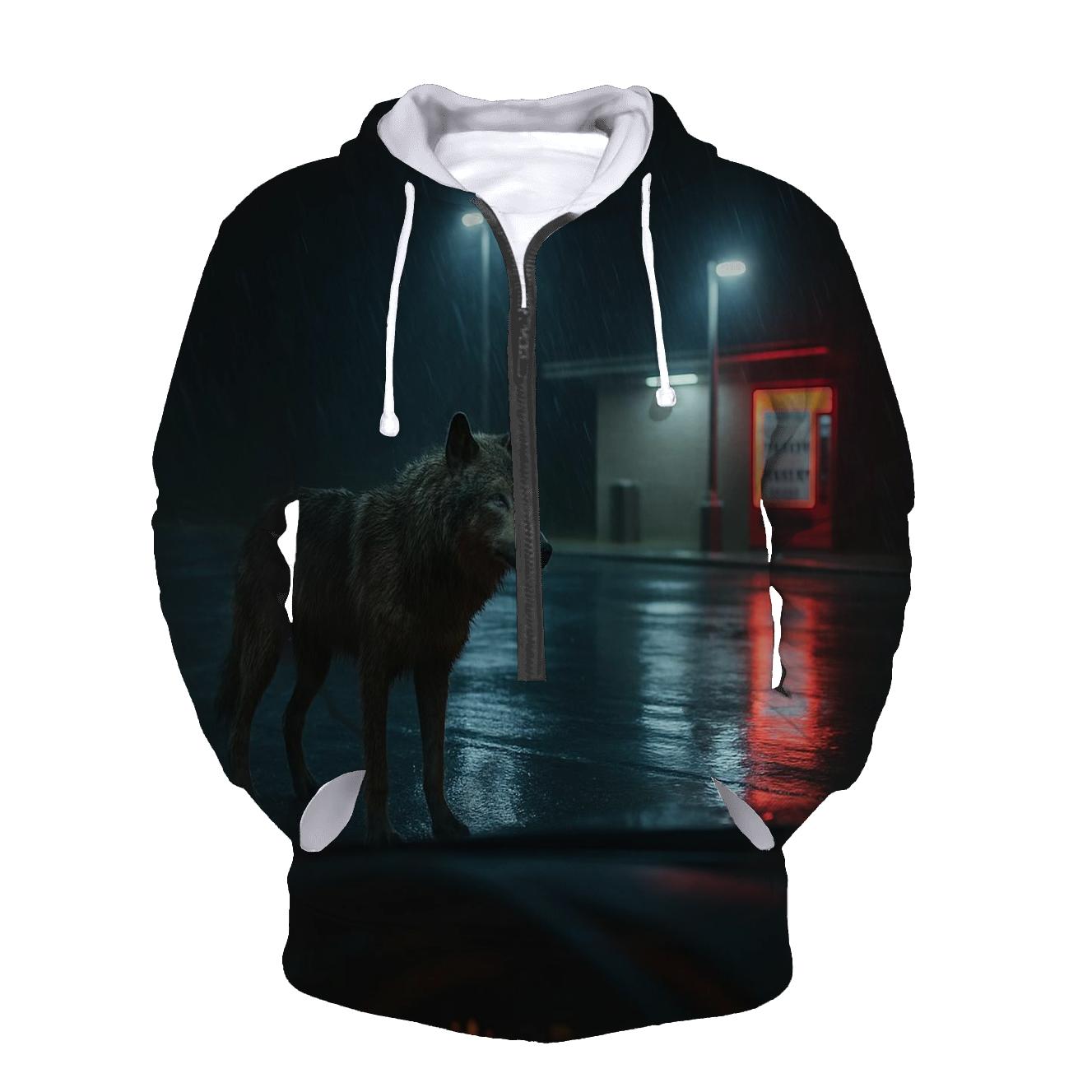 Rain Soaked Wolf At Highway Rest Stop Edge printed hoodies