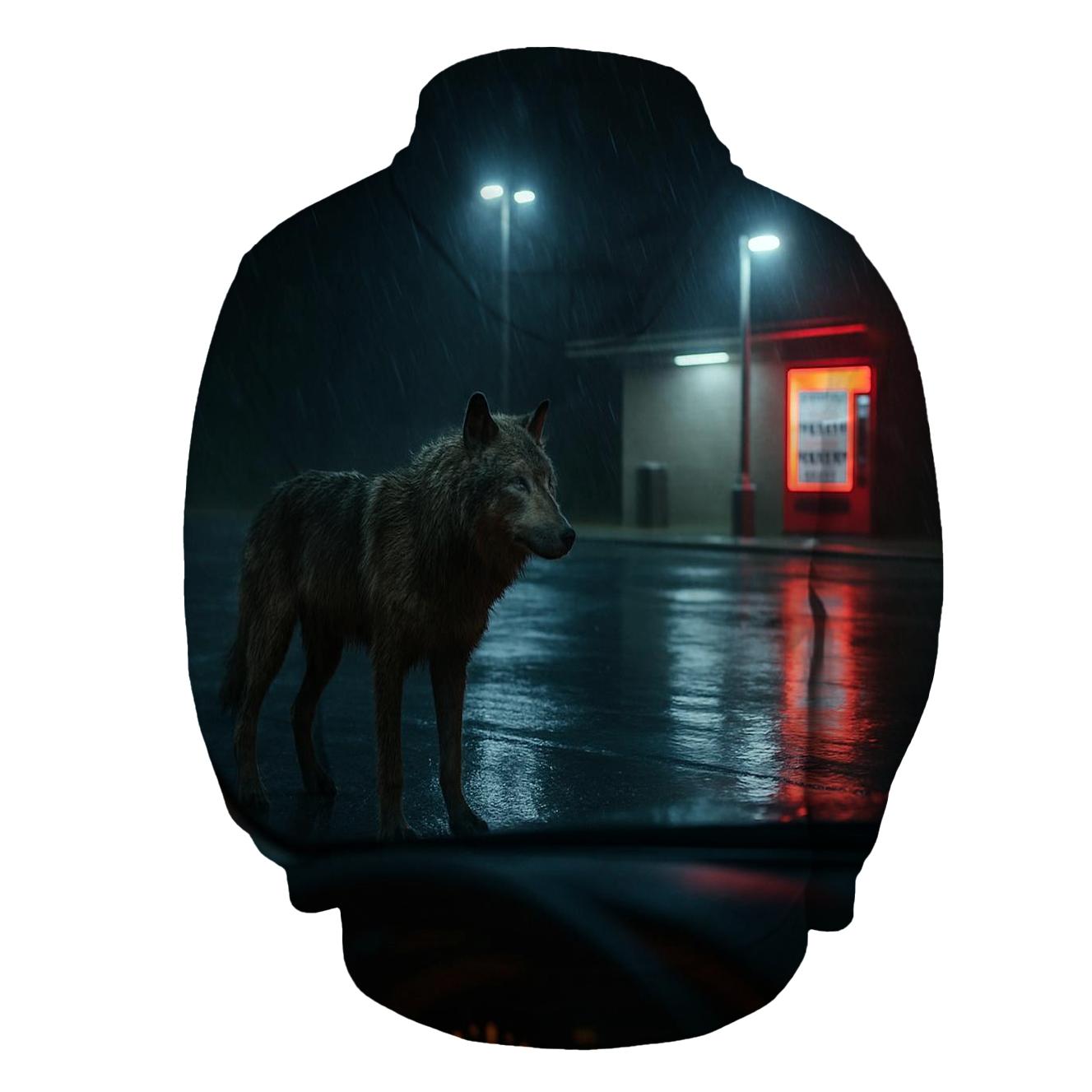 Rain Soaked Wolf At Highway Rest Stop Edge printed hoodies