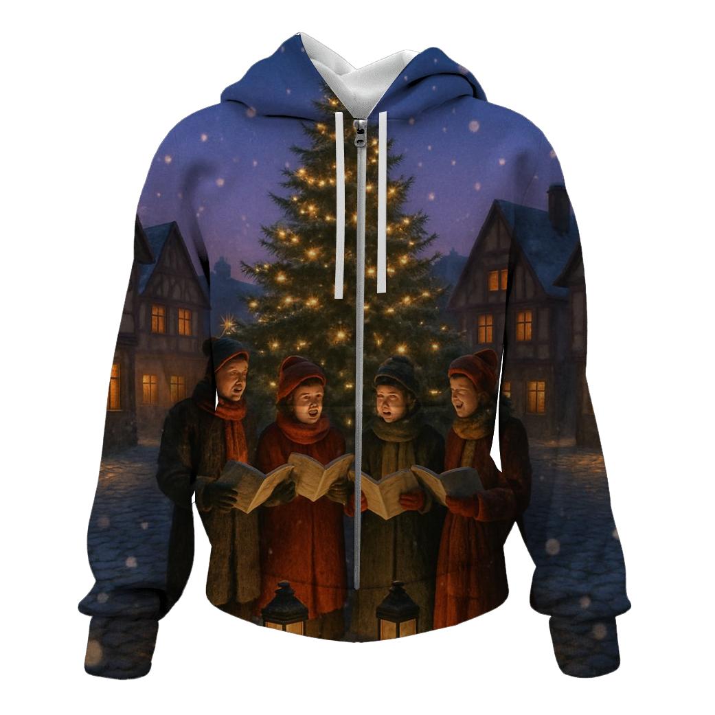 Snowy Village Carolers At Dusk pullover hoodies