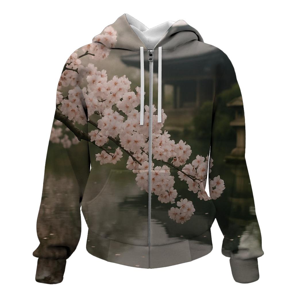 Cherry Blossoms Reflected In Temple Pond premium hoodies