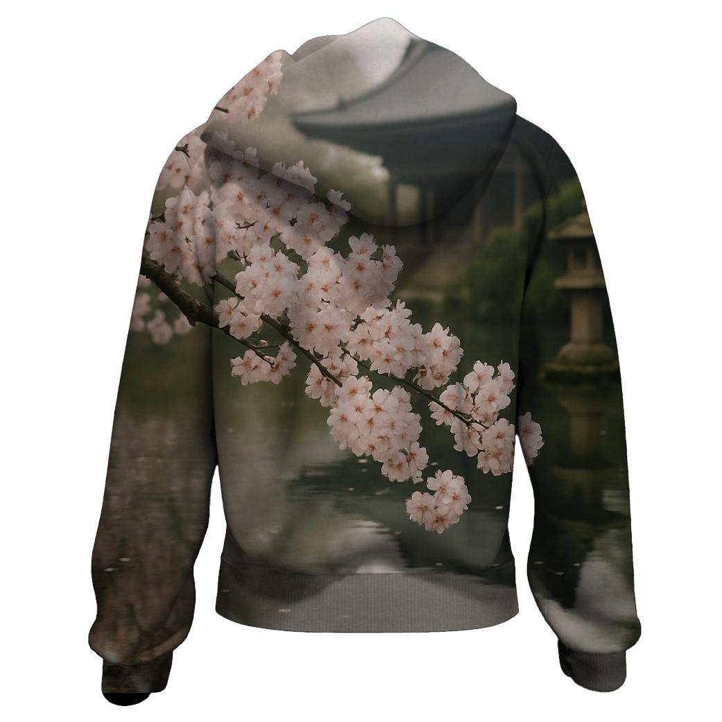 Cherry Blossoms Reflected In Temple Pond premium hoodies