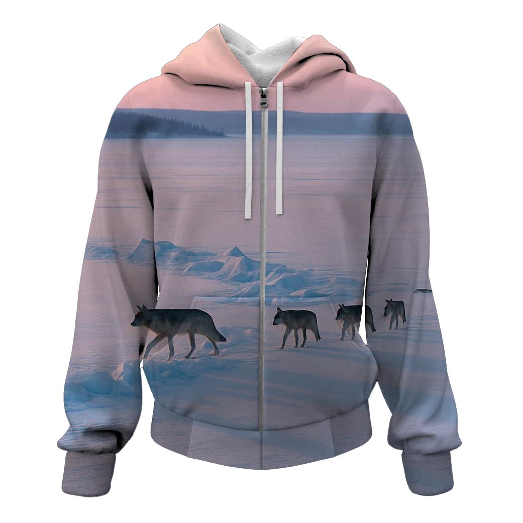 Winter Pack On Frozen Lake Pressure Ridge zip-up hoodies