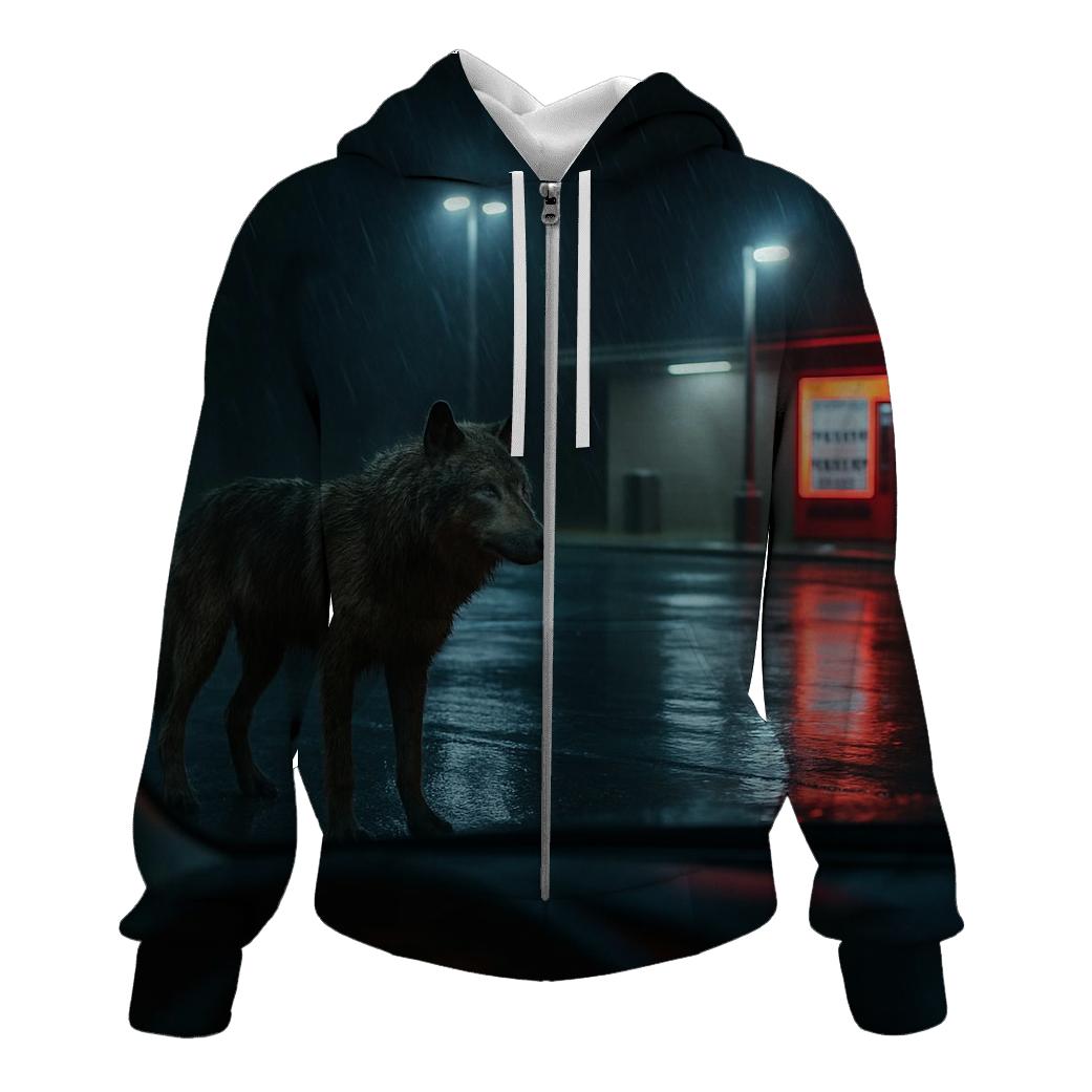 Rain Soaked Wolf At Highway Rest Stop Edge premium hoodies