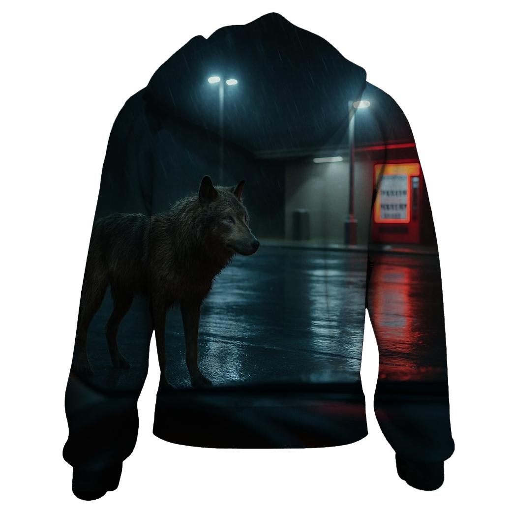 Rain Soaked Wolf At Highway Rest Stop Edge premium hoodies