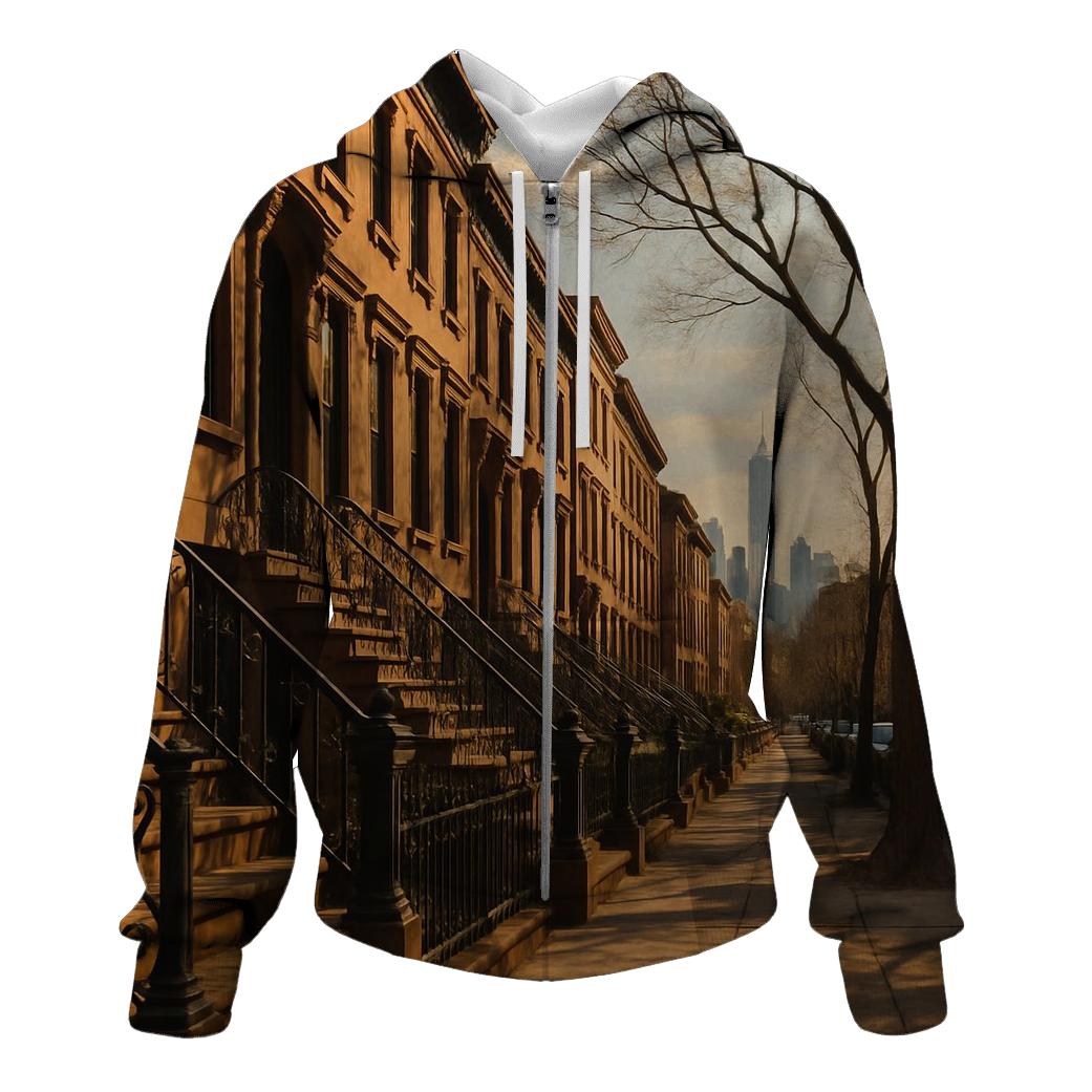 Brooklyn Brownstone Block With Distant Skyline printed hoodies