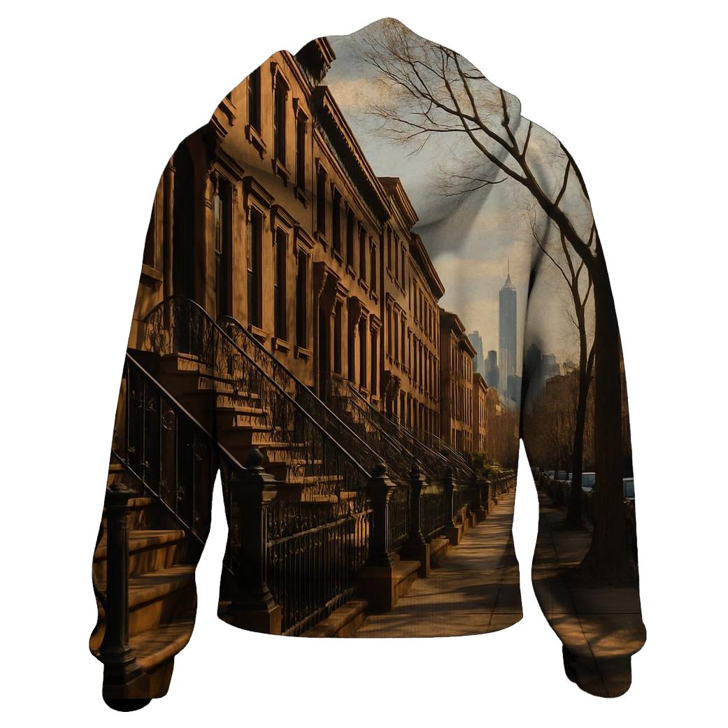 Brooklyn Brownstone Block With Distant Skyline printed hoodies