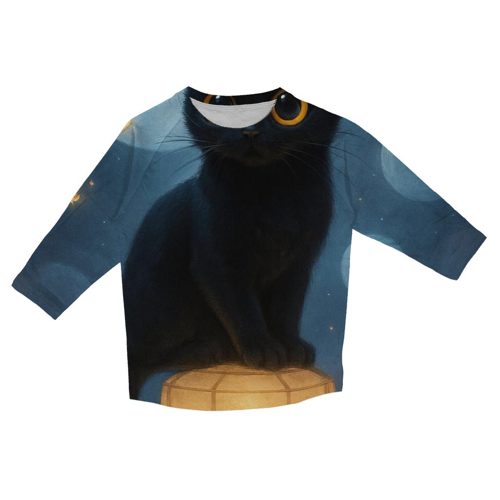 Moonlit Lantern Guardian Cat printed three quarter sleeve shirts