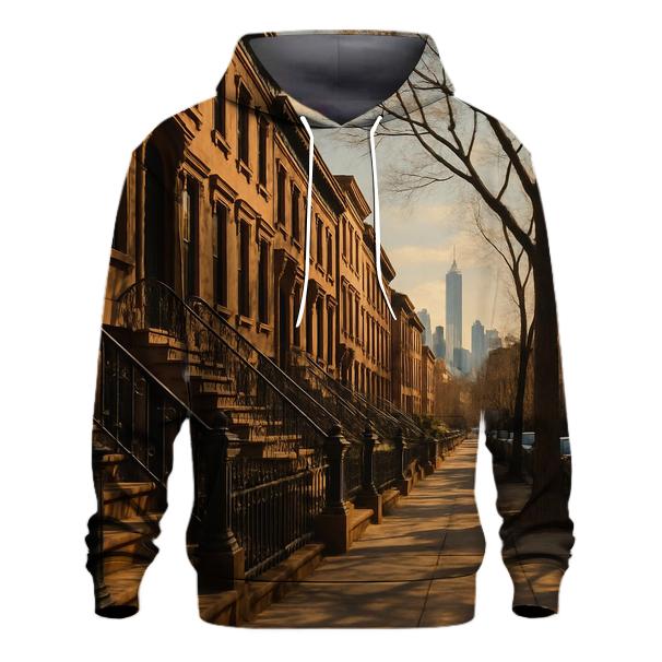 Brooklyn Brownstone Block With Distant Skyline heavyweight hoodies