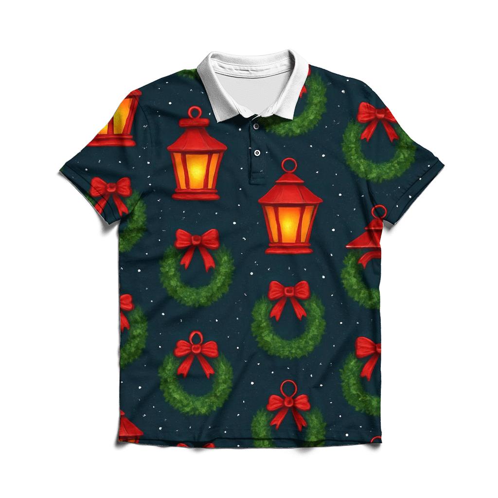 Lanterns And Wreaths Alternating Grid On Midnight Blue custom polo shirts