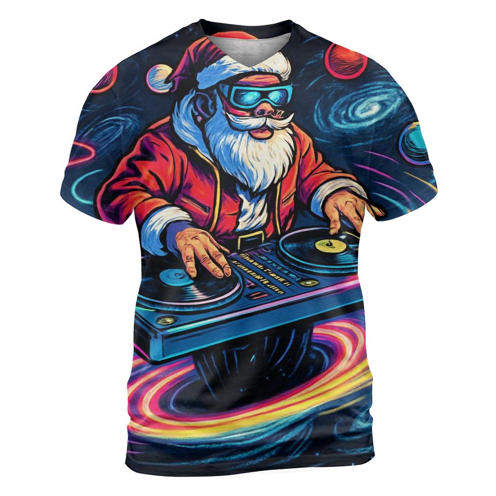 Black Hole DJ Santa vibrant all-over design tees