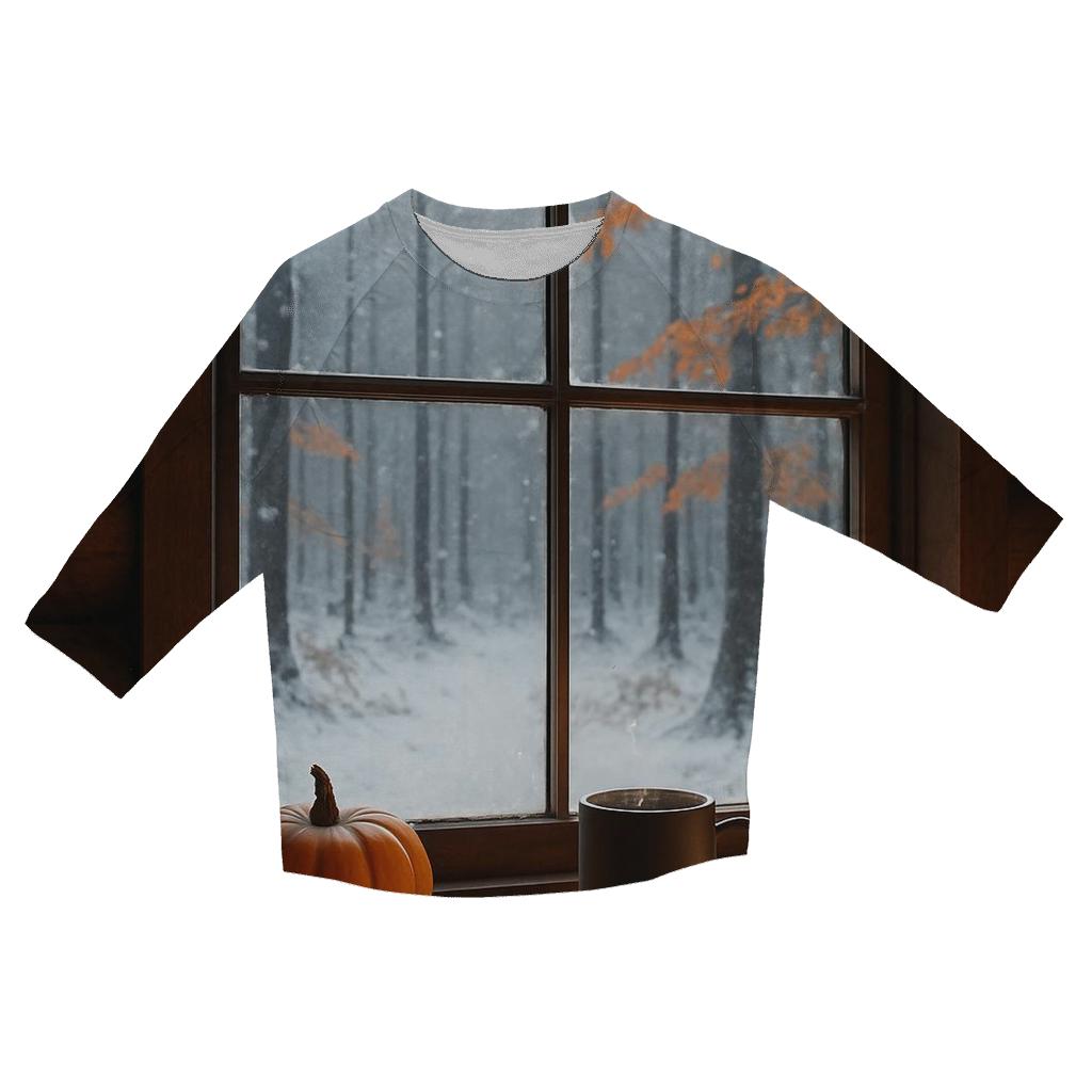 Cozy Cabin Window Thanksgiving View printed three quarter sleeve shirts