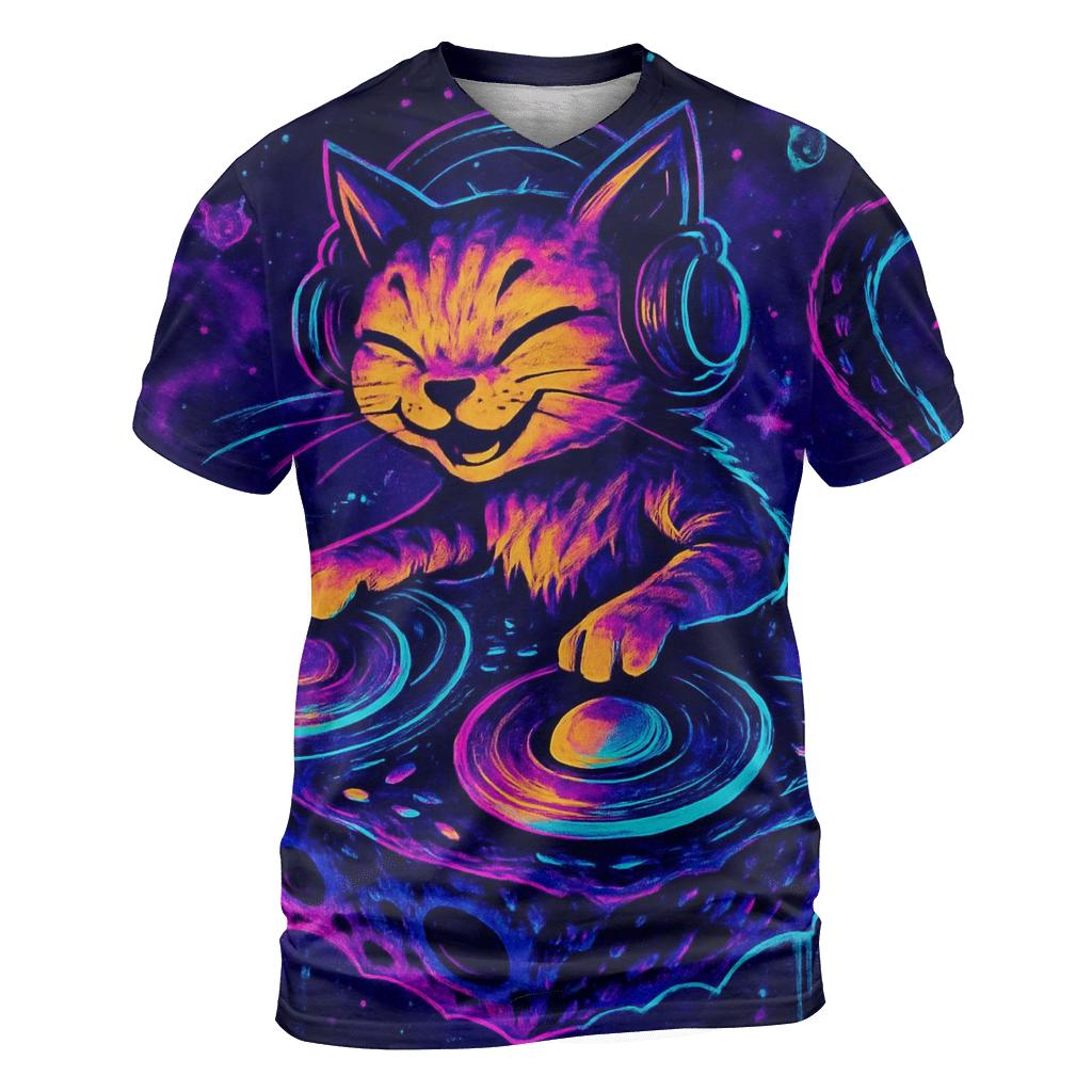Galactic DJ Cat Eclipse creative print fashion shirts