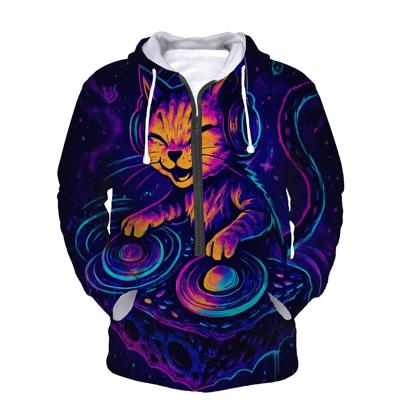 Galactic DJ Cat Eclipse printed hoodies