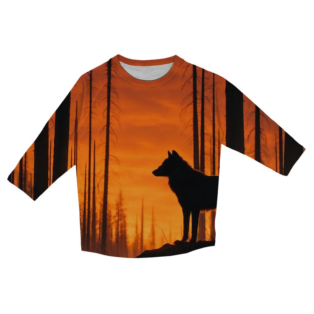 Wolf Silhouette On Burned Forest Ridge printed three quarter sleeve shirts