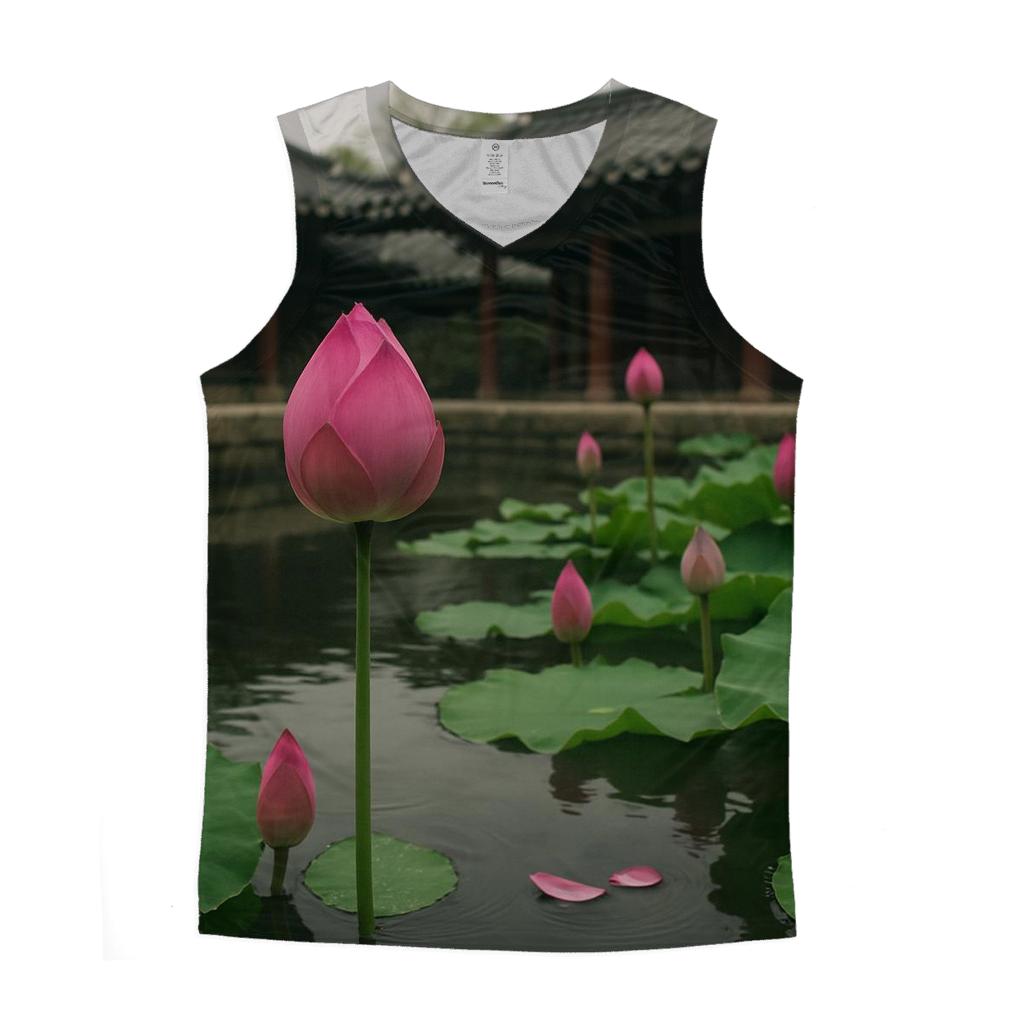 Lotus Leaves And Buds In Temple Courtyard graphic print tank tops