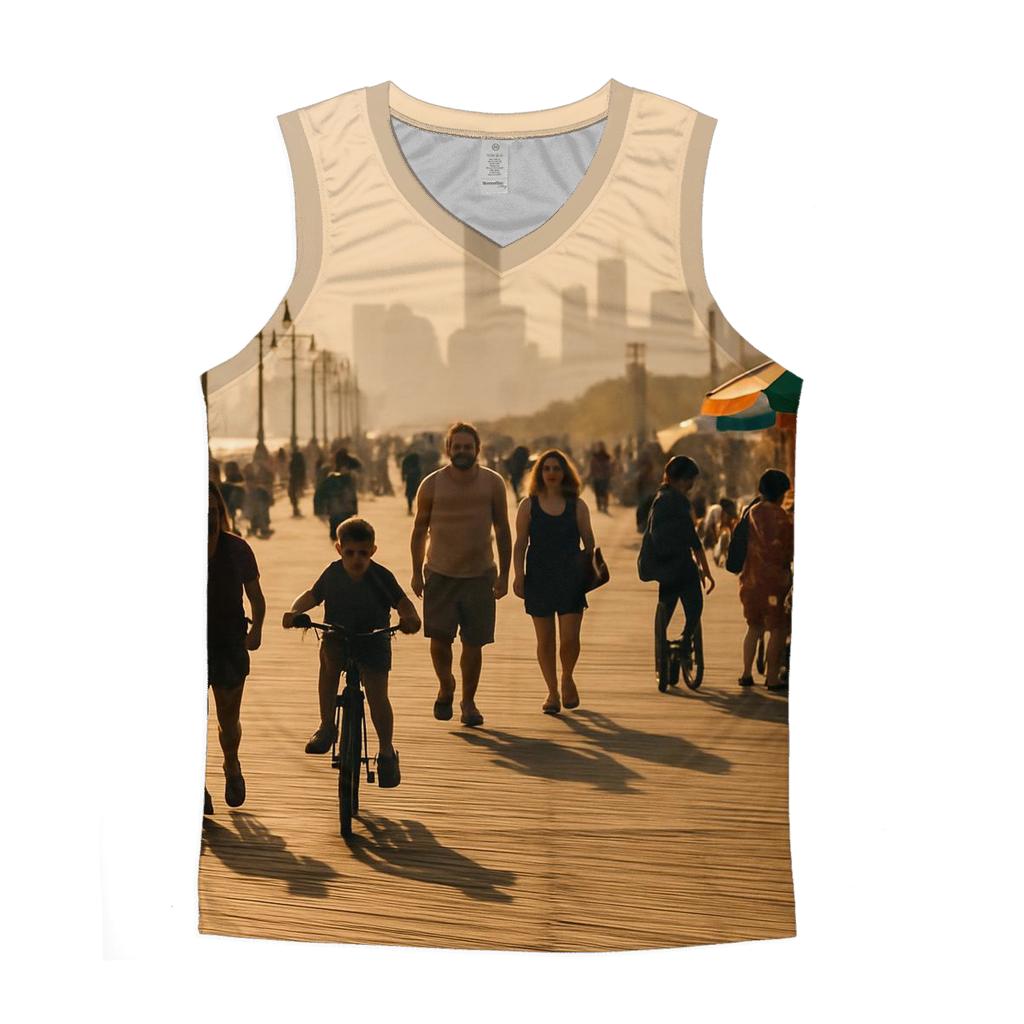 Coney Island Boardwalk With Distant Skyline personalized athletic tanks