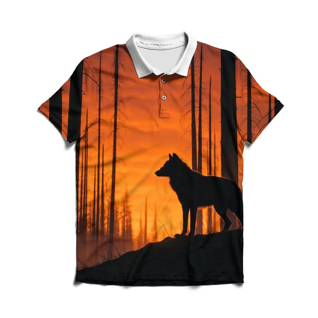 Wolf Silhouette On Burned Forest Ridge personalized polo shirts