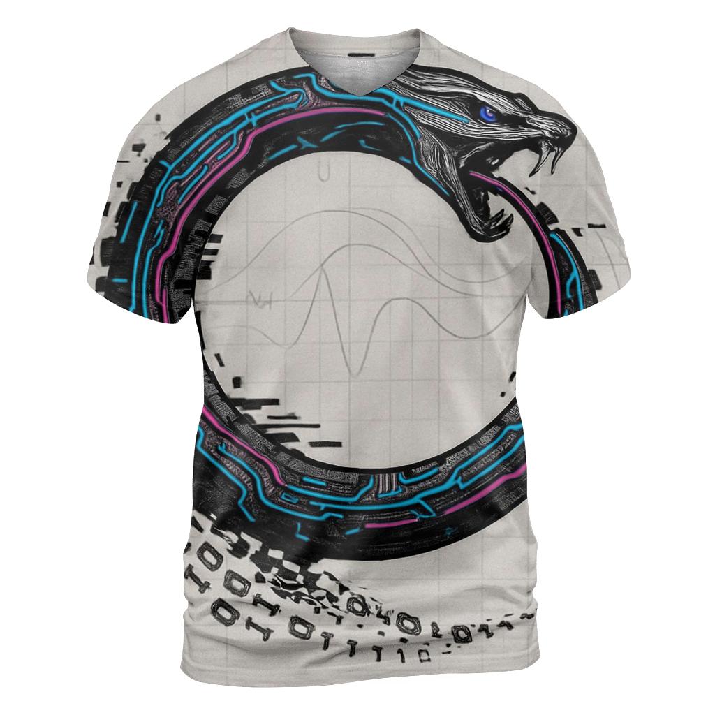 Digital Glitch Ouroboros vibrant all-over design tees