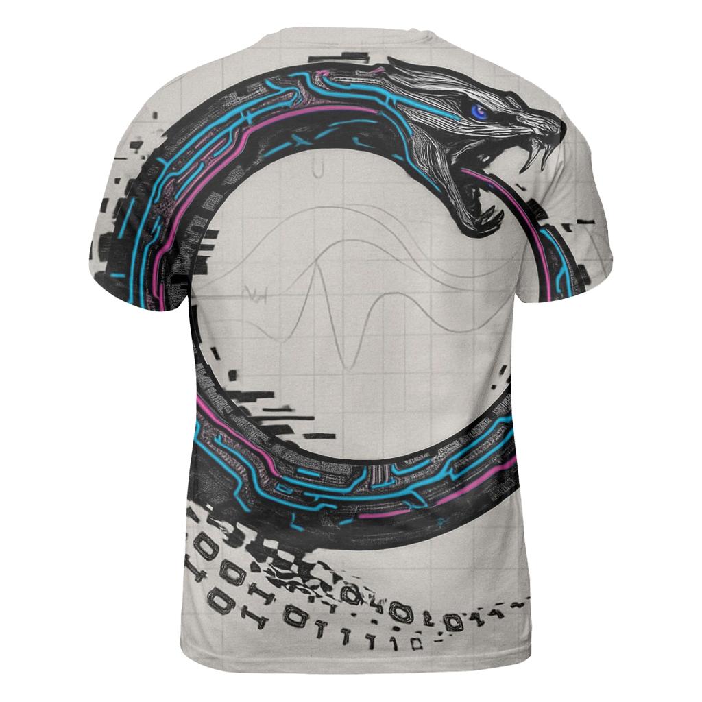 Digital Glitch Ouroboros vibrant all-over design tees