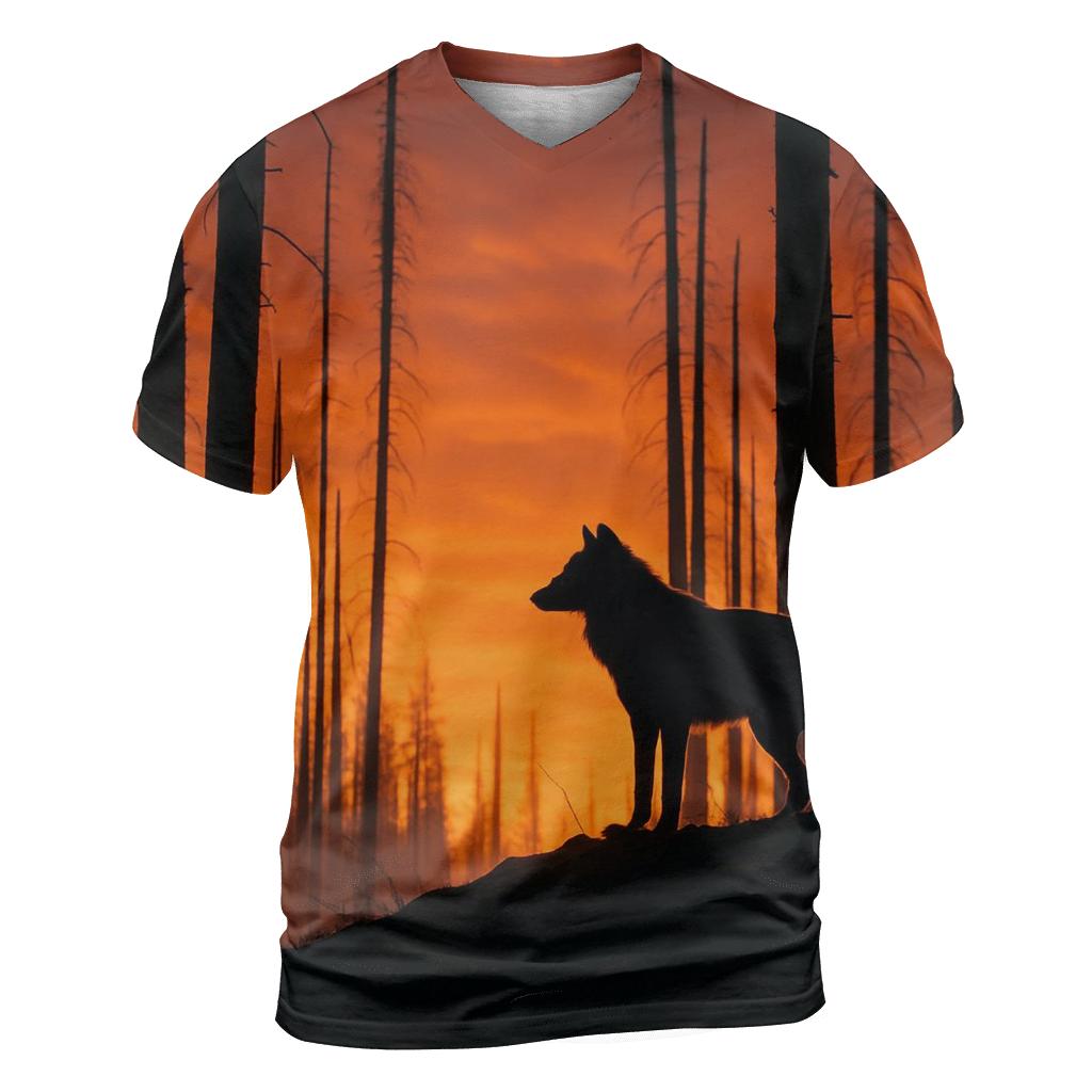 Wolf Silhouette On Burned Forest Ridge trendy printed shirt styles