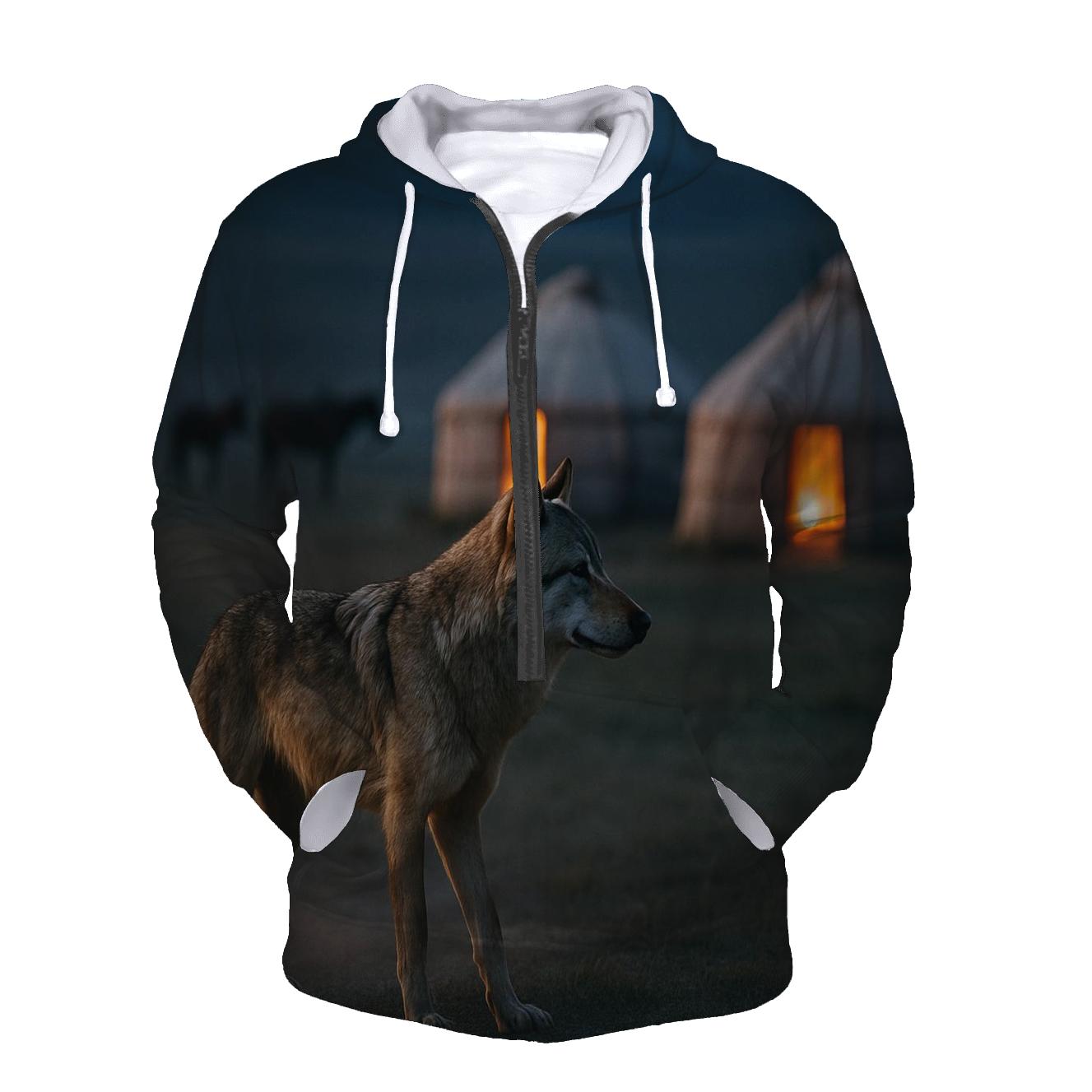 Steppe Wolf Beside Nomad Horse Camp printed hoodies