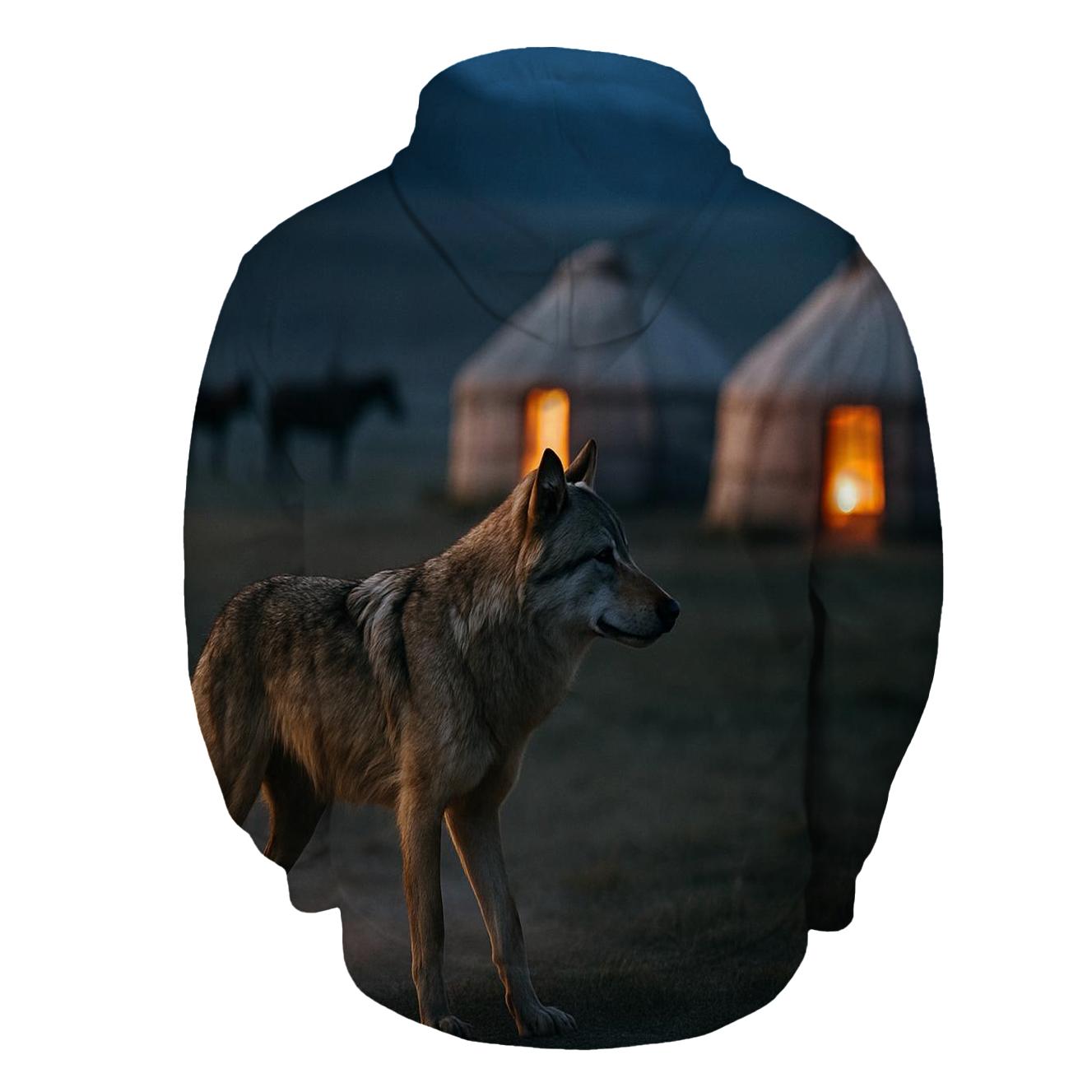 Steppe Wolf Beside Nomad Horse Camp printed hoodies