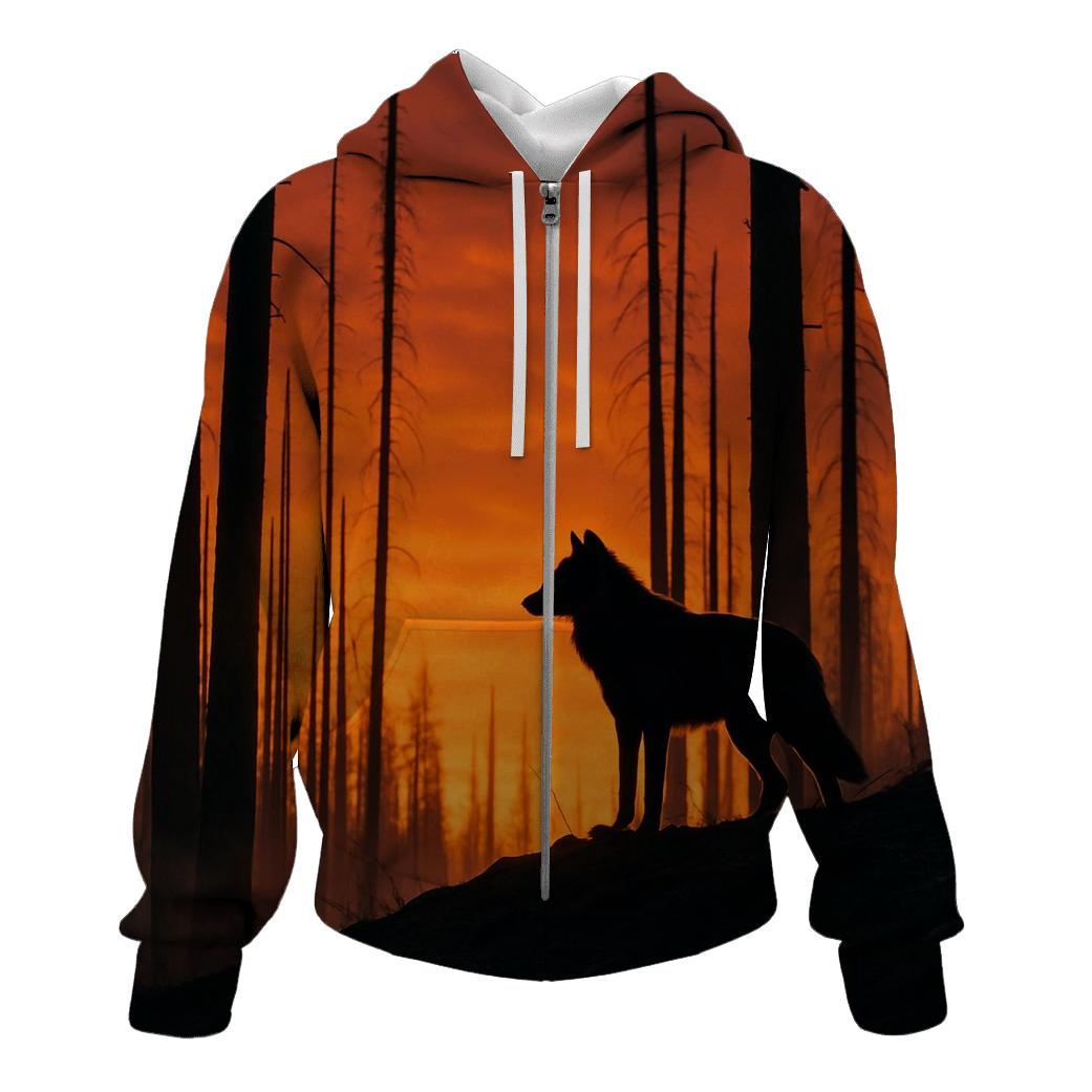 Wolf Silhouette On Burned Forest Ridge graphic hoodies