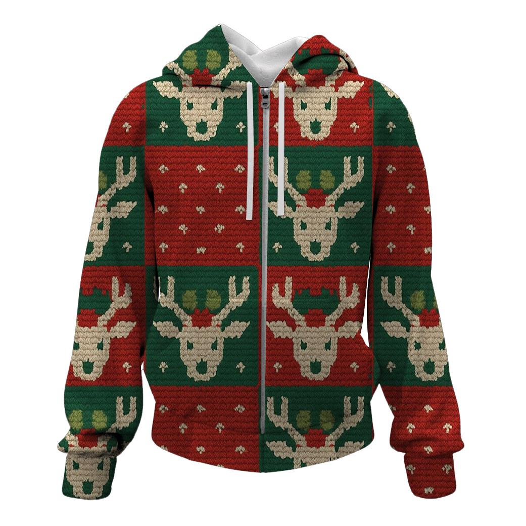 Holly Crowned Reindeer Checkerboard Design zip-up hoodies