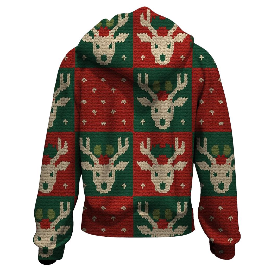 Holly Crowned Reindeer Checkerboard Design zip-up hoodies