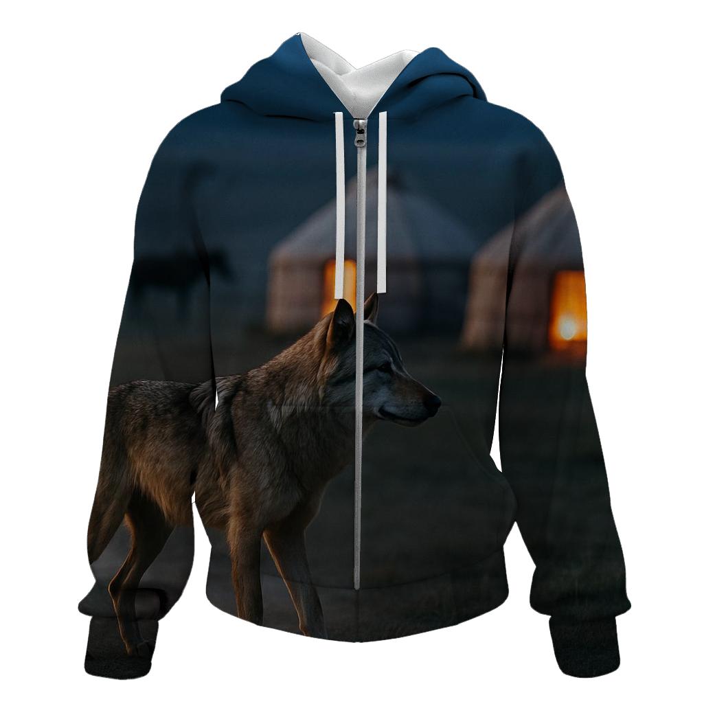 Steppe Wolf Beside Nomad Horse Camp designer hoodies