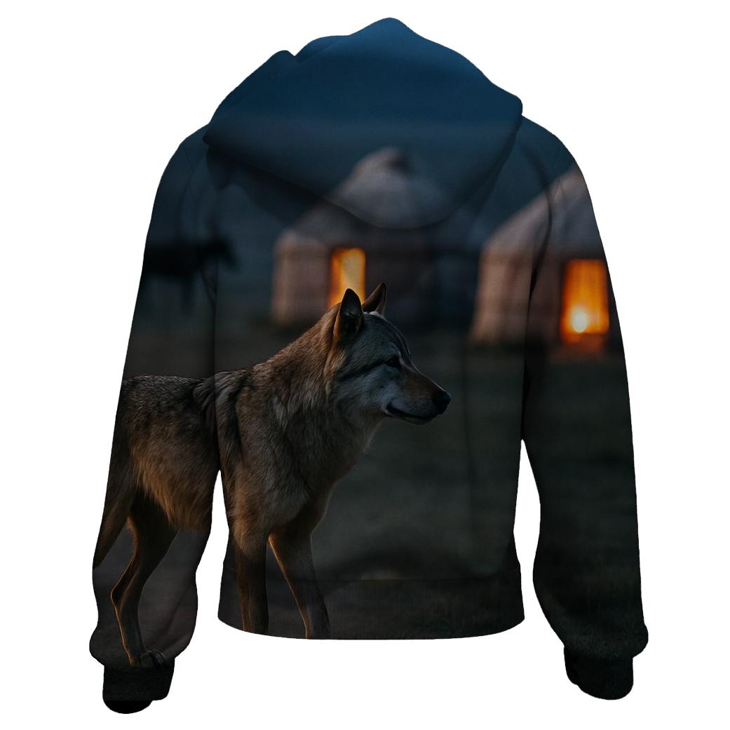Steppe Wolf Beside Nomad Horse Camp designer hoodies