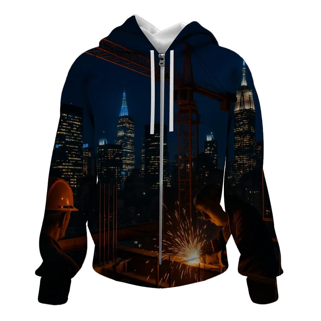 Nighttime Construction Crane Above Midtown Skyline printed hoodies