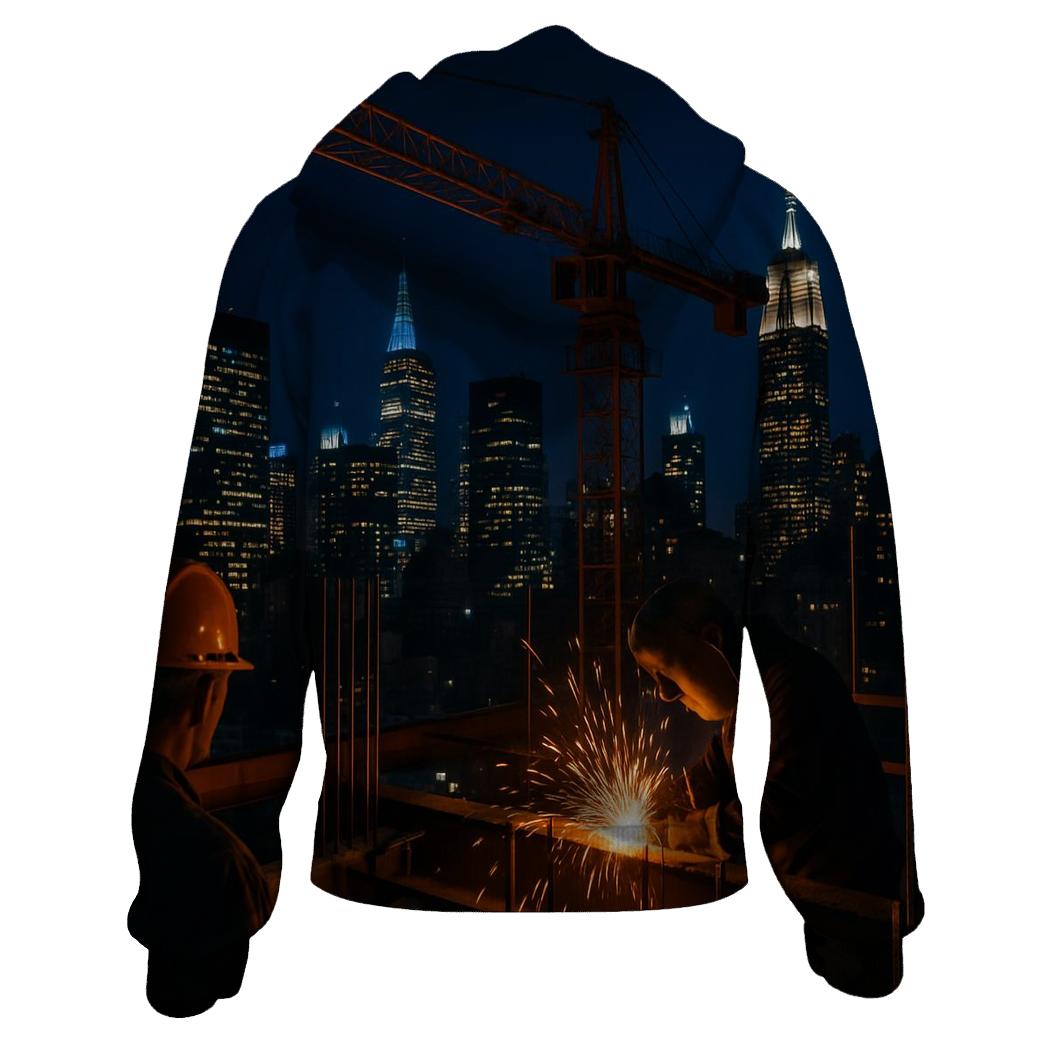 Nighttime Construction Crane Above Midtown Skyline printed hoodies