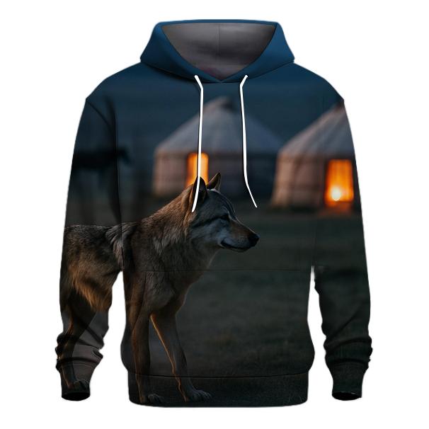 Steppe Wolf Beside Nomad Horse Camp printed hoodies